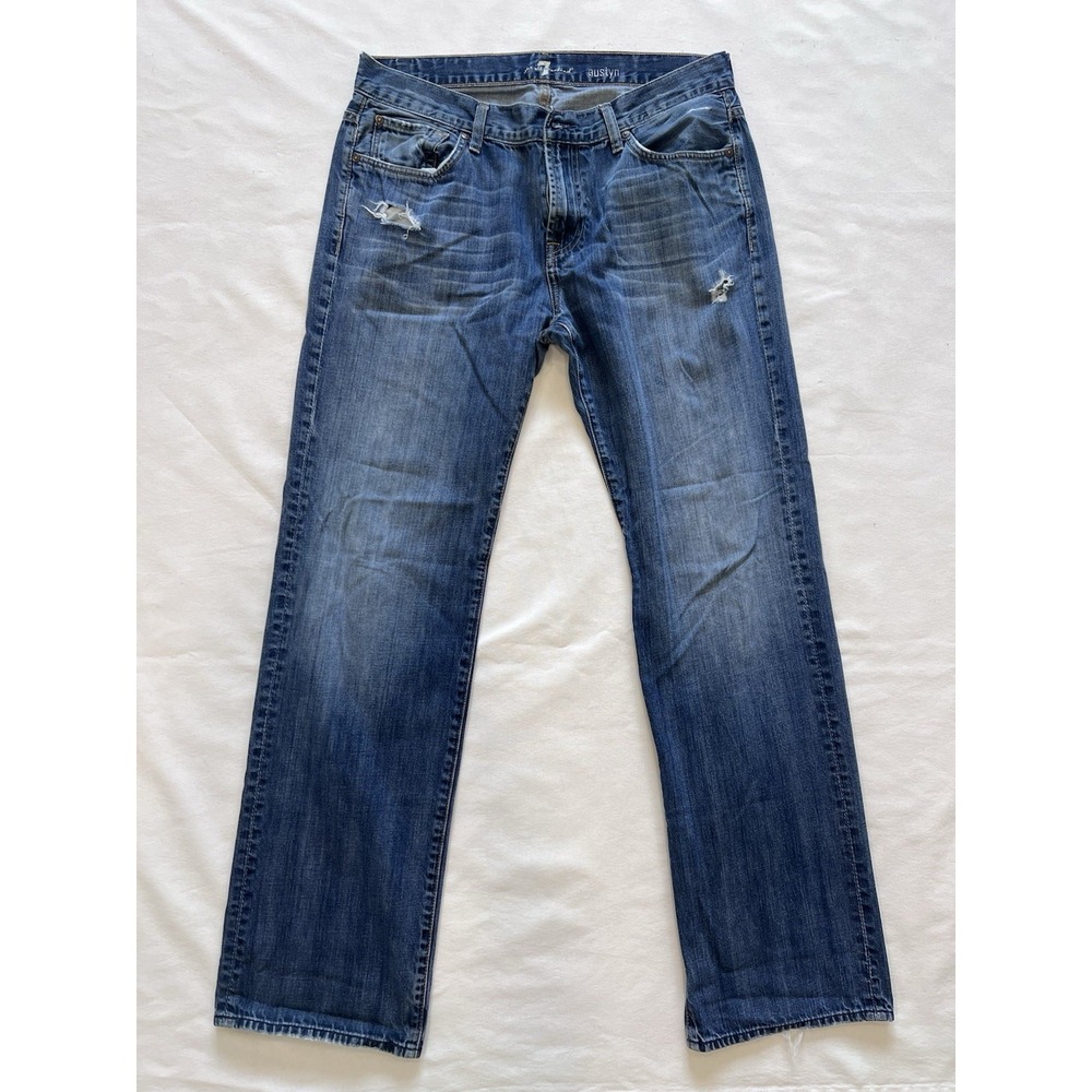 7 For All Mankind Men's Distressed 100% Cotton Blue Denim Straight Jeans 34W 32L